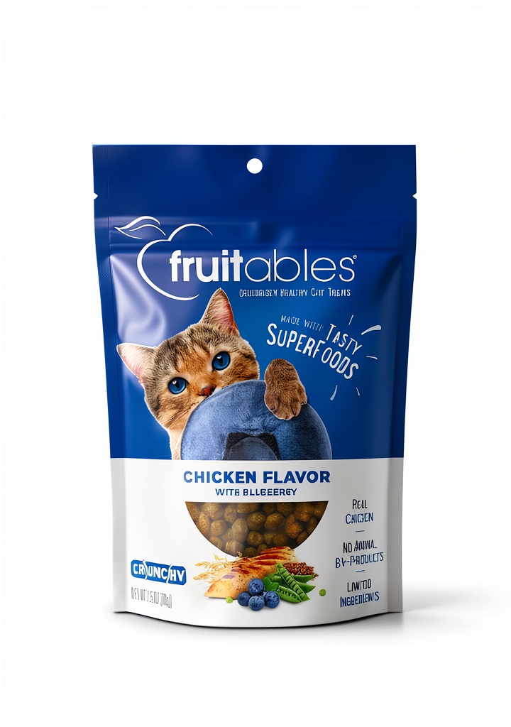 Fruitables Cat Treats bag opened on a kitchen counter with a cat reaching for a crunchy piece