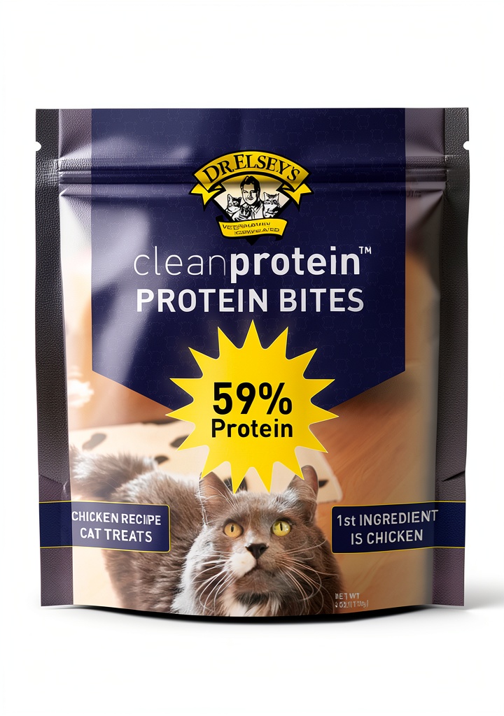 Dr Elseys crunchy cat treats in packaging on a table