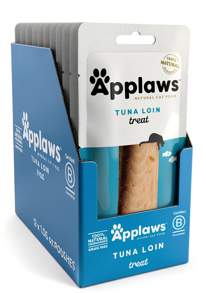 'Applaws Whole Tuna Filet cat treats in an open sachet on a clean surface'