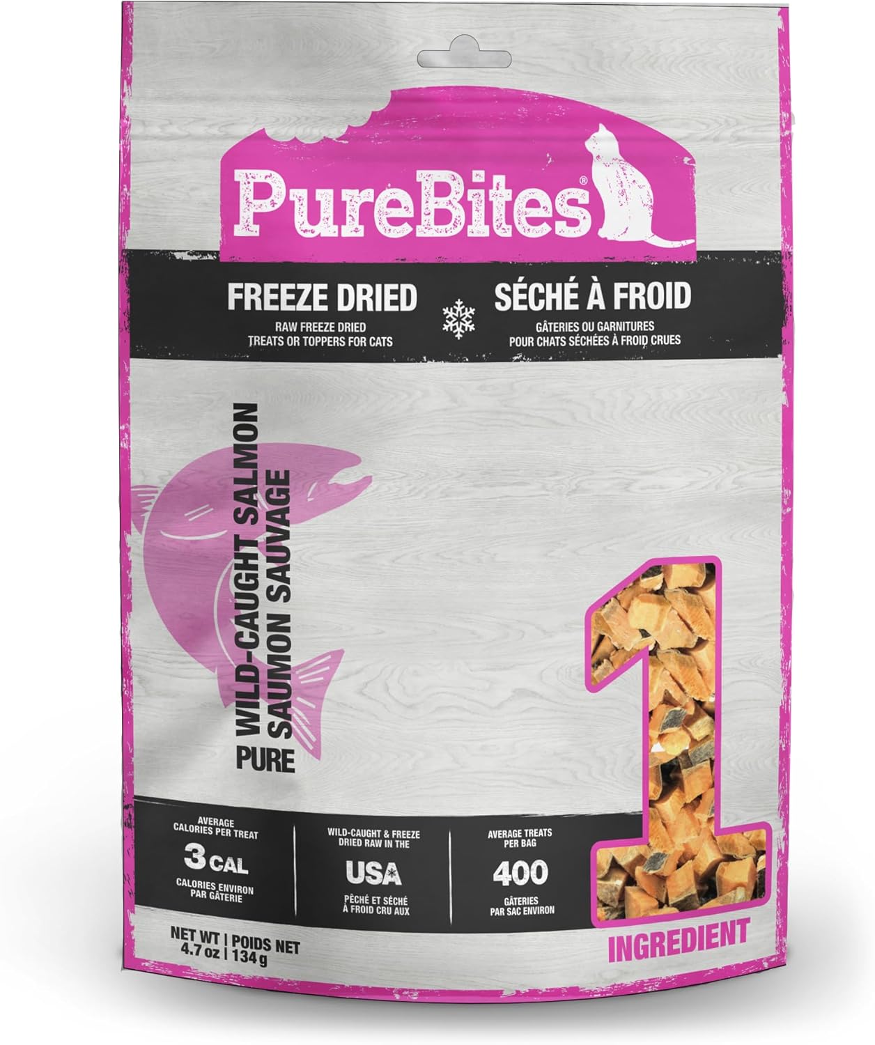 Purebites Shrimp Cat Treats in pink packaging on a kitchen counter