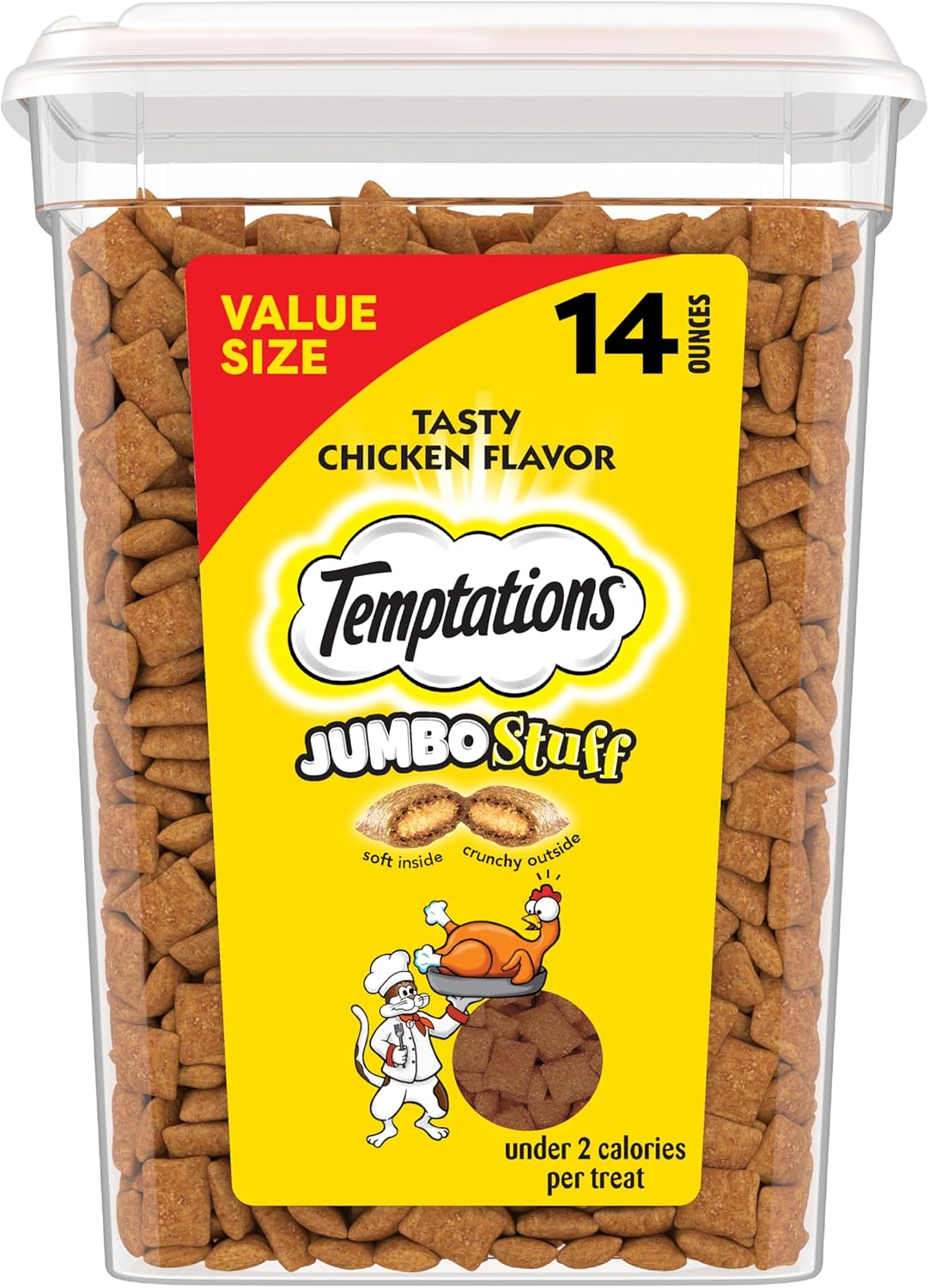 Temptations Jumbo Stuff cat treats in resealable tub on a counter