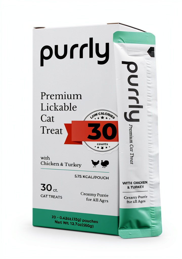 Purrly Low Calorie Cat Treats human‑grade protein puree being squeezed onto a fingertip in a kitchen setting