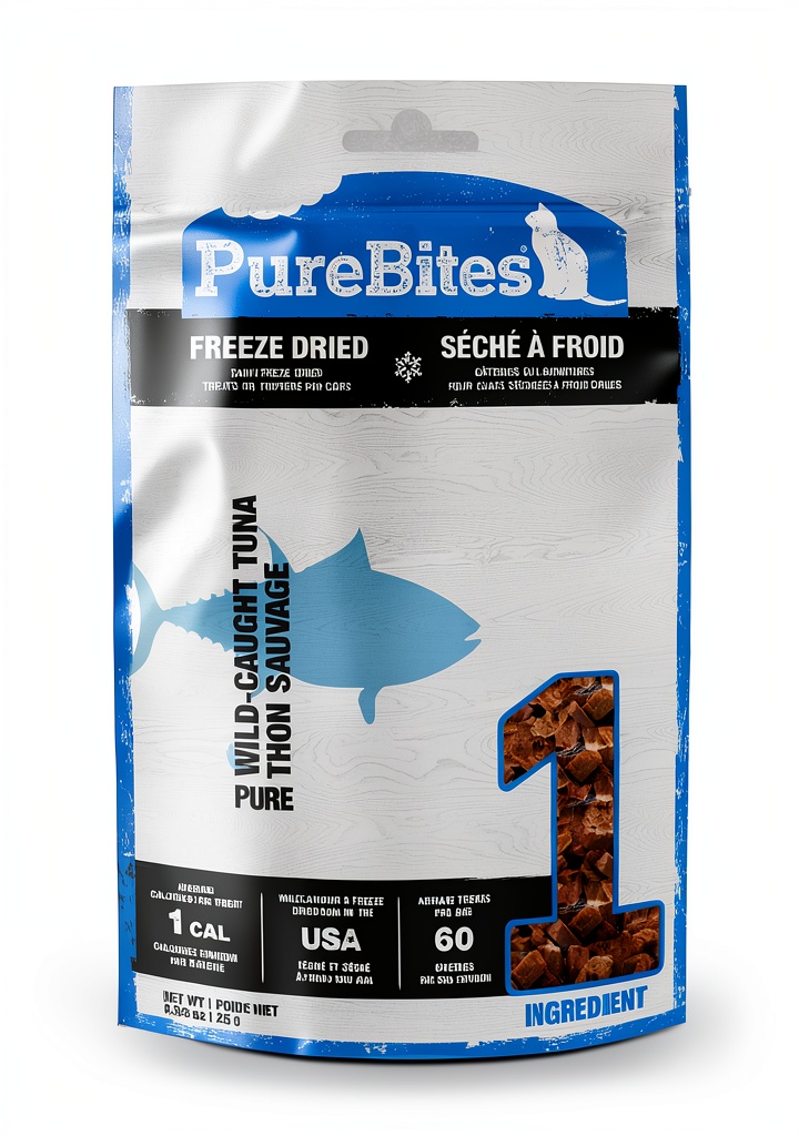 PureBites Tuna Cat Treats 100 Natural High Protein bag on a kitchen countertop