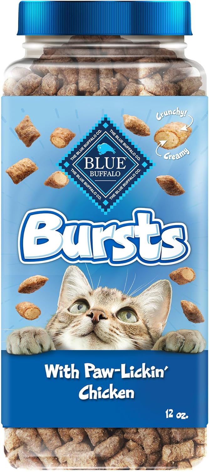 BLUE Bursts cat treats in a tub with a cat eagerly waiting