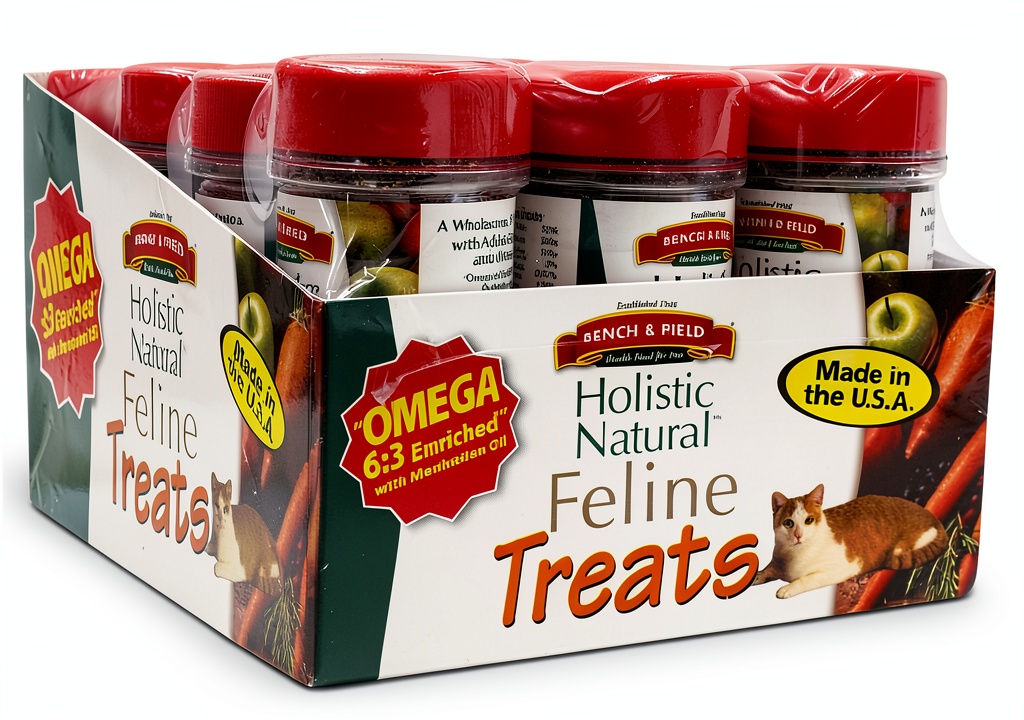 Bench Field Holistic Cat Treats in resealable container on a counter