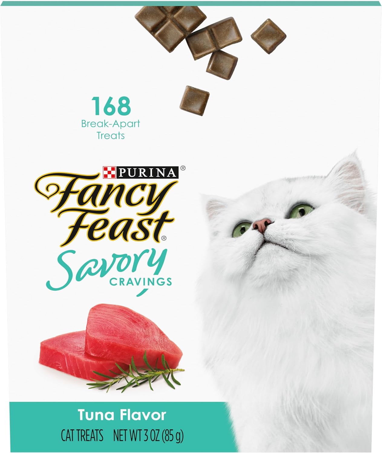 Fancy Feast cat treats in a bowl next to a happy cat