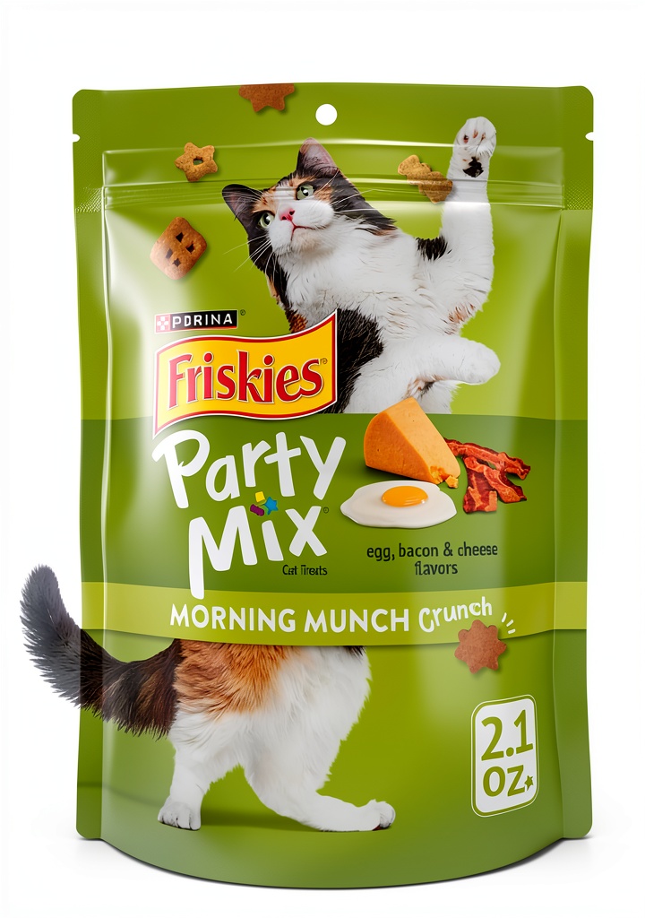 Cat enjoying Friskies Party Mix treats on a kitchen counter