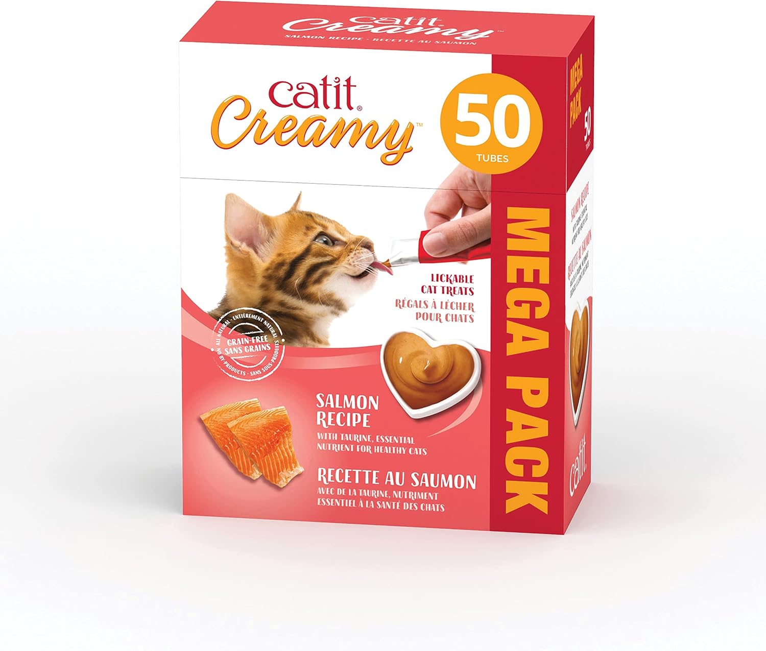 Hagen Salmon Lickable Cat Treats tubes displayed on a cat dish